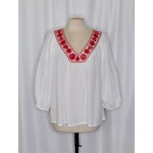 VELVET by Graham & Spencer Zaylee Embroidered Top Blouse White Red Boho Large